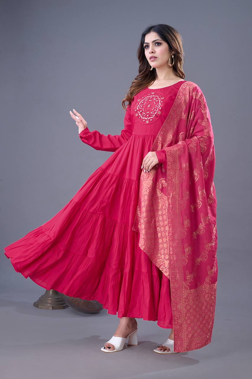 Elegant Rani Pink Roman Silk Gown Set | Festive & Wedding Wear