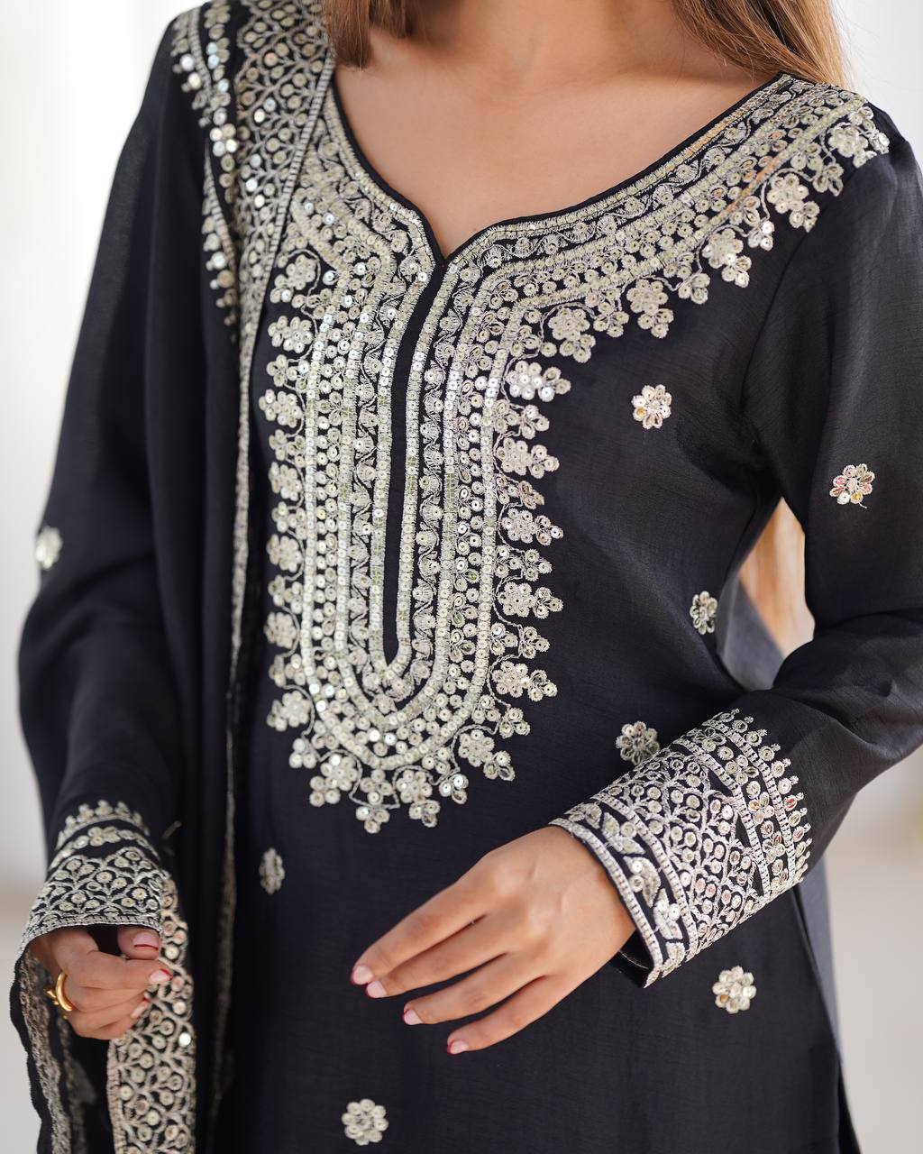 Pure Chinnon Silk Embroidered Sharara Set with Dupatta – Fully Stitched Party Wear