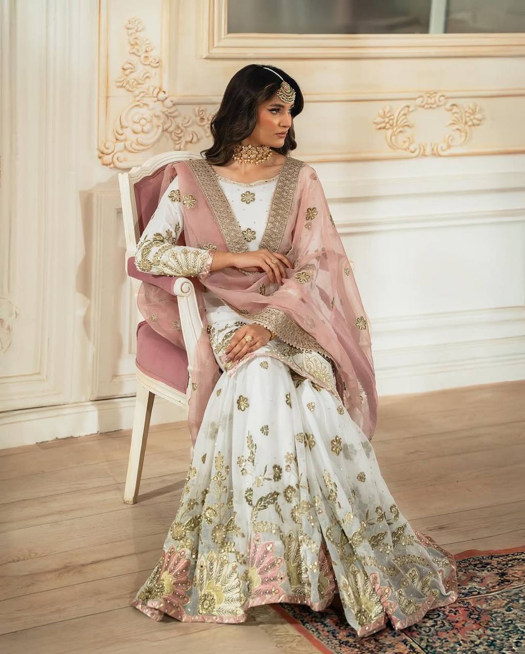 Heavy White Faux Georgette Embroidered Sharara Set with Net Dupatta – Fully Stitched