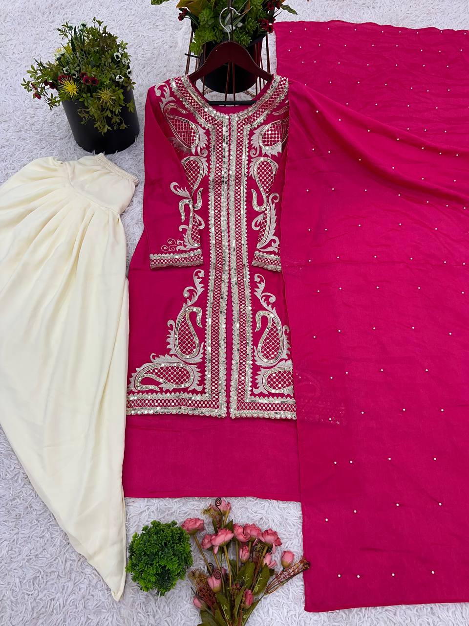 Heavy Pink Chinon Silk Embroidered Dhoti Style Suit with Rivet Moti Dupatta – Fully Stitched