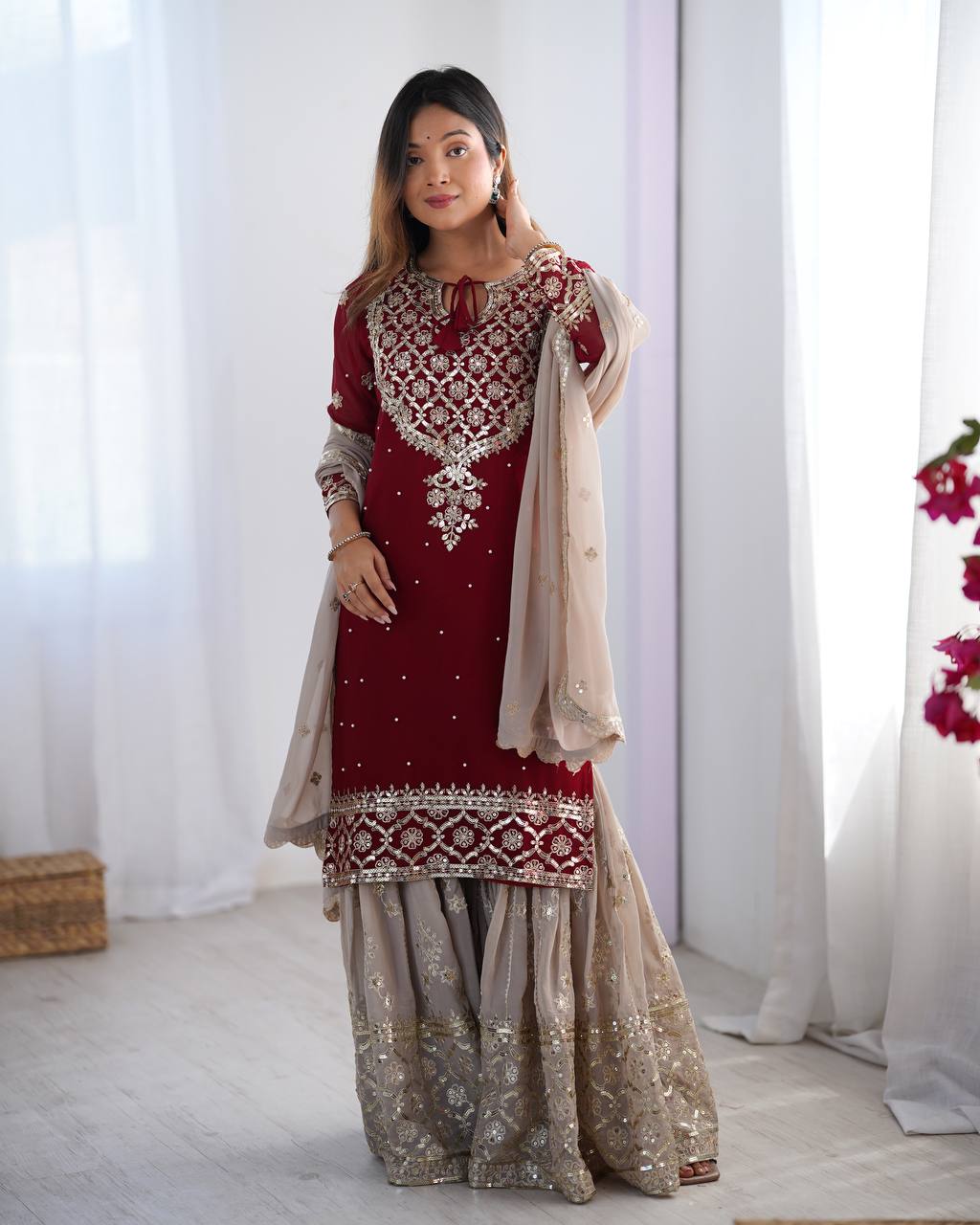 Heavy Maroon Faux Georgette Sharara Suit with 5mm Embroidery Sequence – Fully Stitched Set
