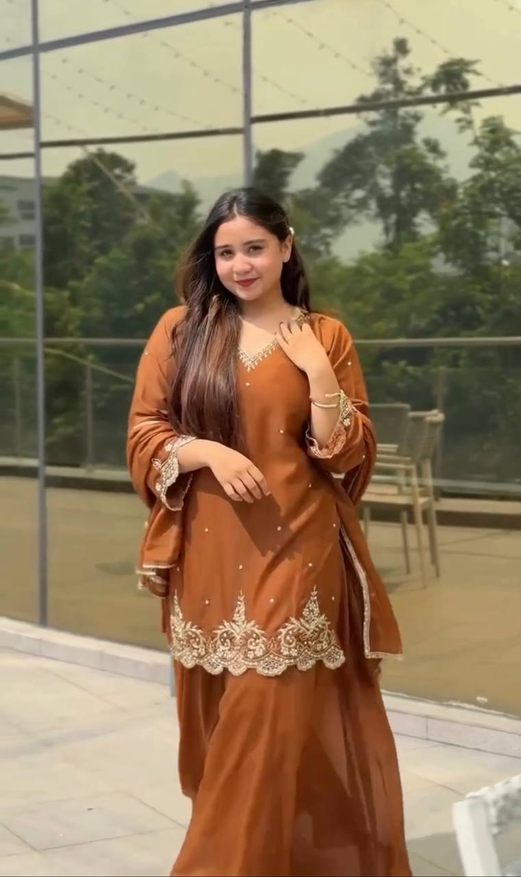 Faux Georgette Sharara Suit with Moti & Sequence Work – Fully Stitched Set