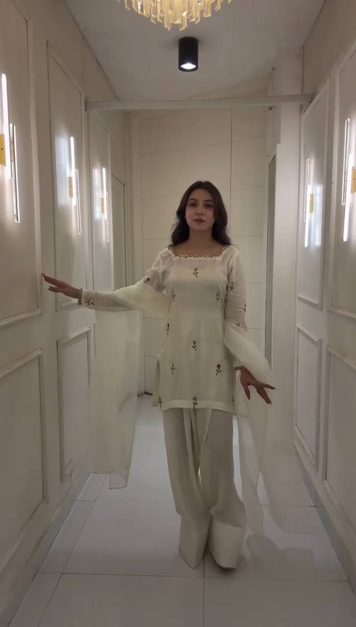 White Chinnon Silk Embroidered Top with Farshi Pant and Organza Silk Dupatta