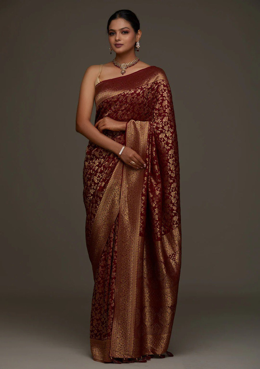Banarasi Maroon Soft Silk Saree with Jacquard Border Blouse