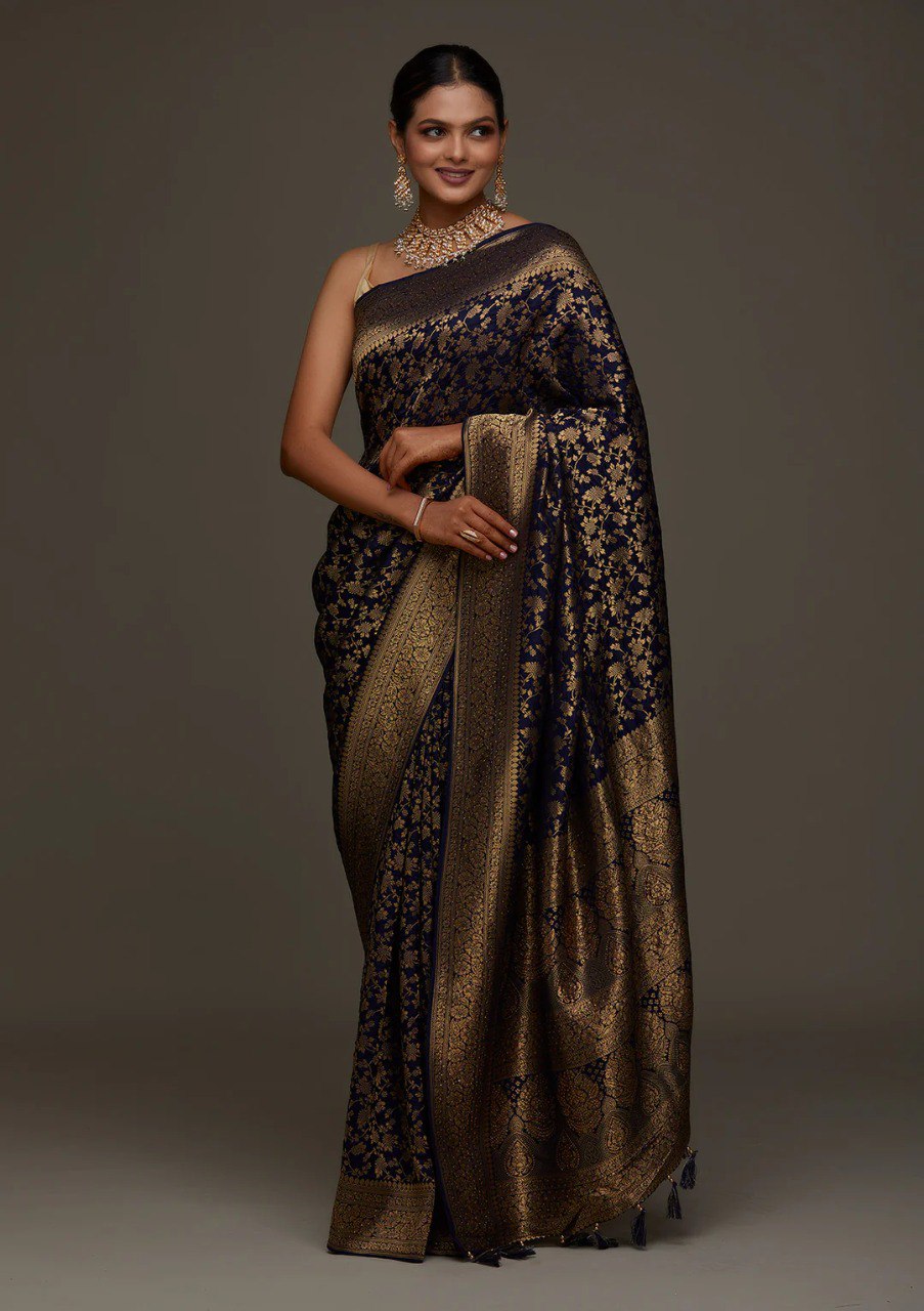 Banarasi Navy Blue Soft Silk Saree with Jacquard Border Blouse