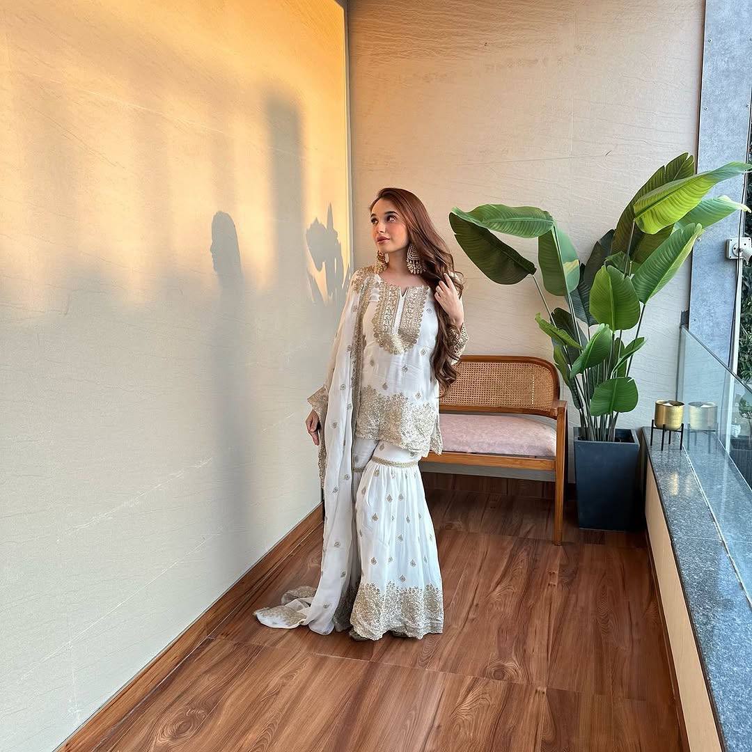 Chinnon Silk Embroidered White Sharara Suit with Dupatta