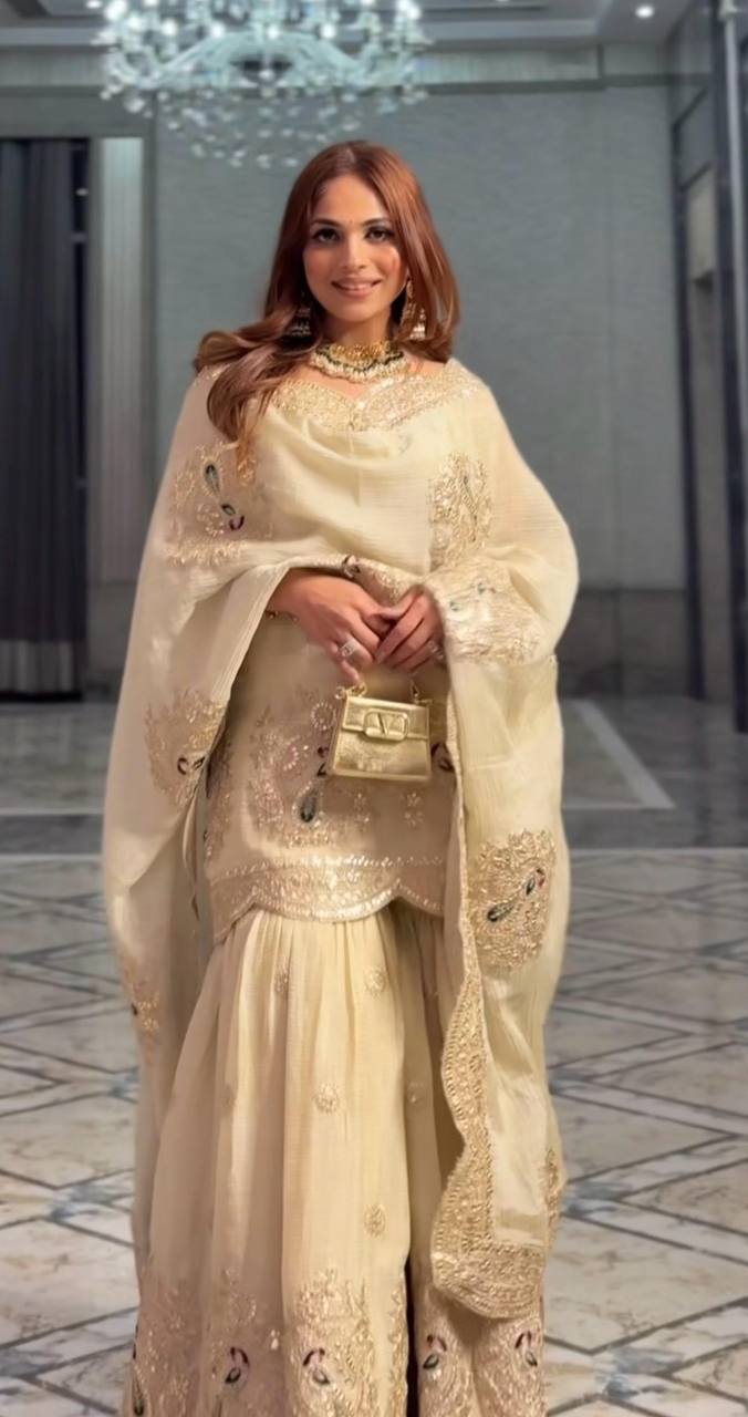 Cream Chinnon Silk Embroidered Suit with Dupatta