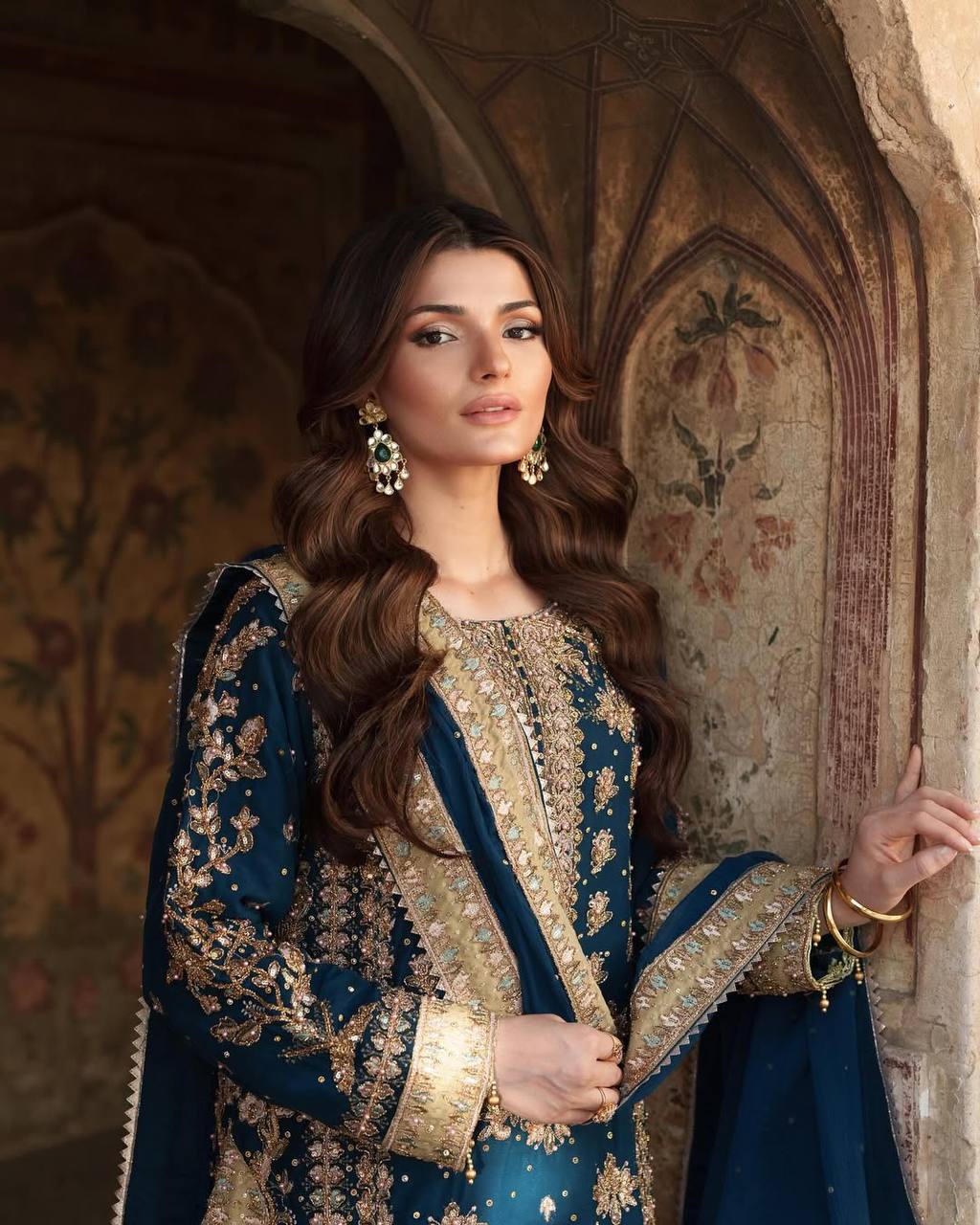 Heavy Bottle Green Georgette Embroidered Suit with Moti Work