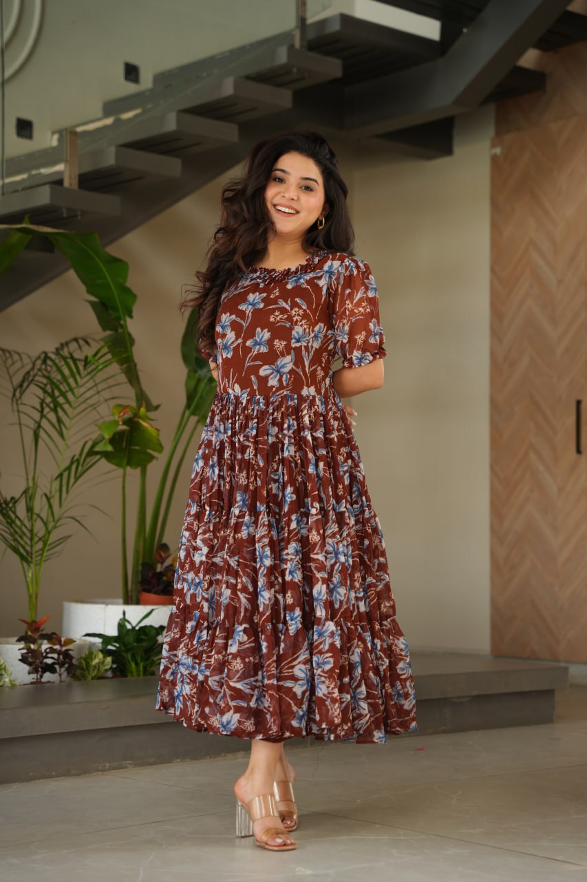 Brown Printed Faux Georgette Gown with Cotton Lining & Fancy Neck
