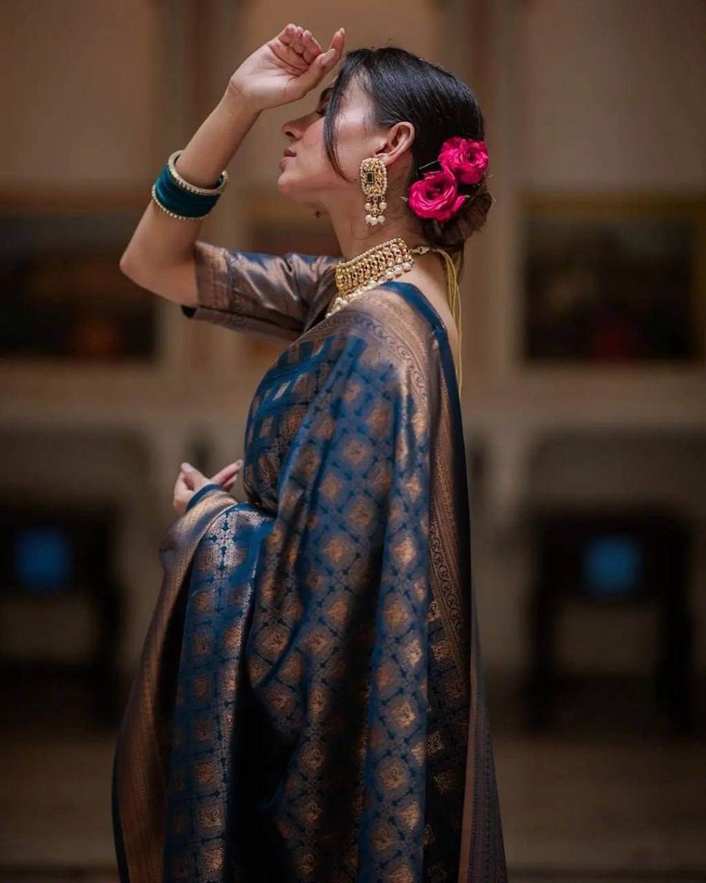 Soft Lichi Silk Blue Saree with Rich Pallu & Heavy Brocade Jacquard Blouse