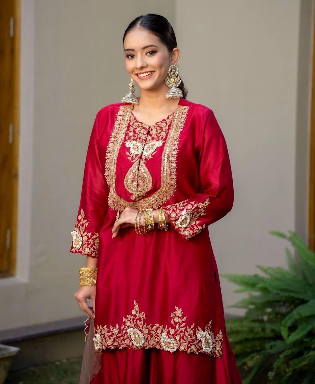Heavy Red Chinon Silk Sharara Suit with Embroidery and Printed Organza Dupatta