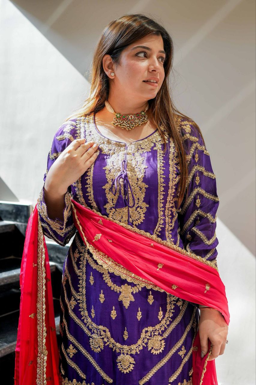 Heavy Purple Chinon Silk Sharara Suit with Embroidery and Printed Dupatta