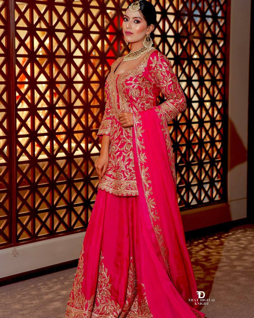 Elegant Heavy Rani Pink Chinon Silk Sharara Suit with Embroidery & Printed Dupatta