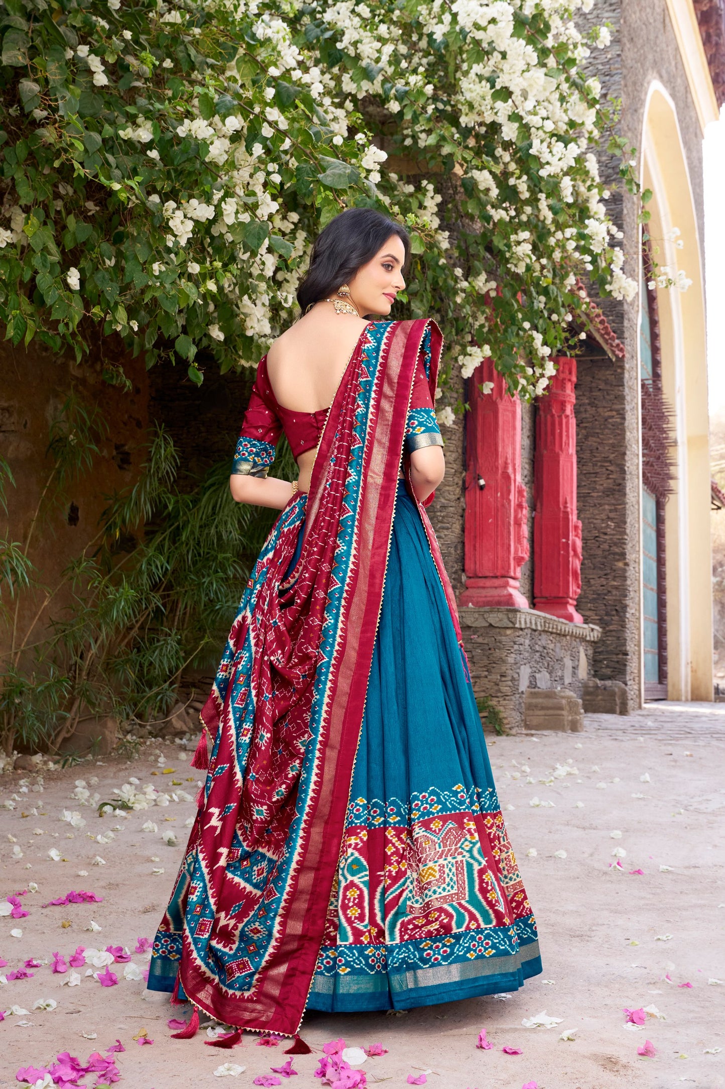 Patola Printed Teal Blue Tussar Silk Lehenga Set with Gotta Patti Dupatta