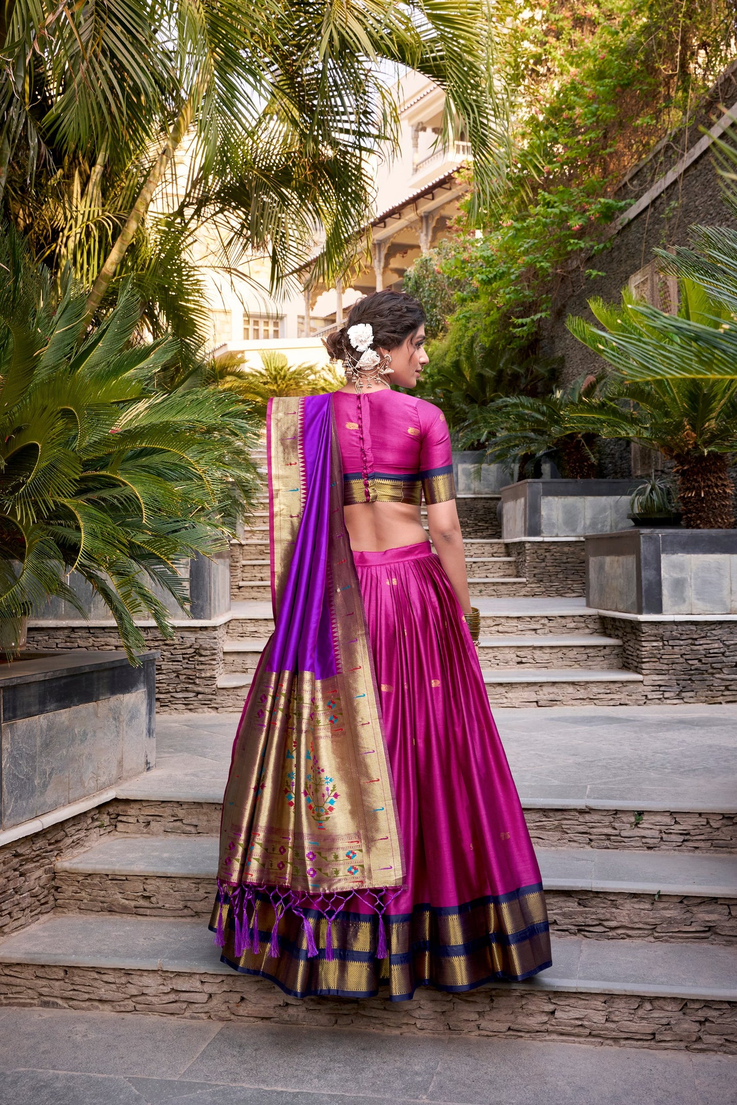 Pink Jacquard Silk Paithani Lehenga Set with Zari Weaving and Tassel Dupatta
