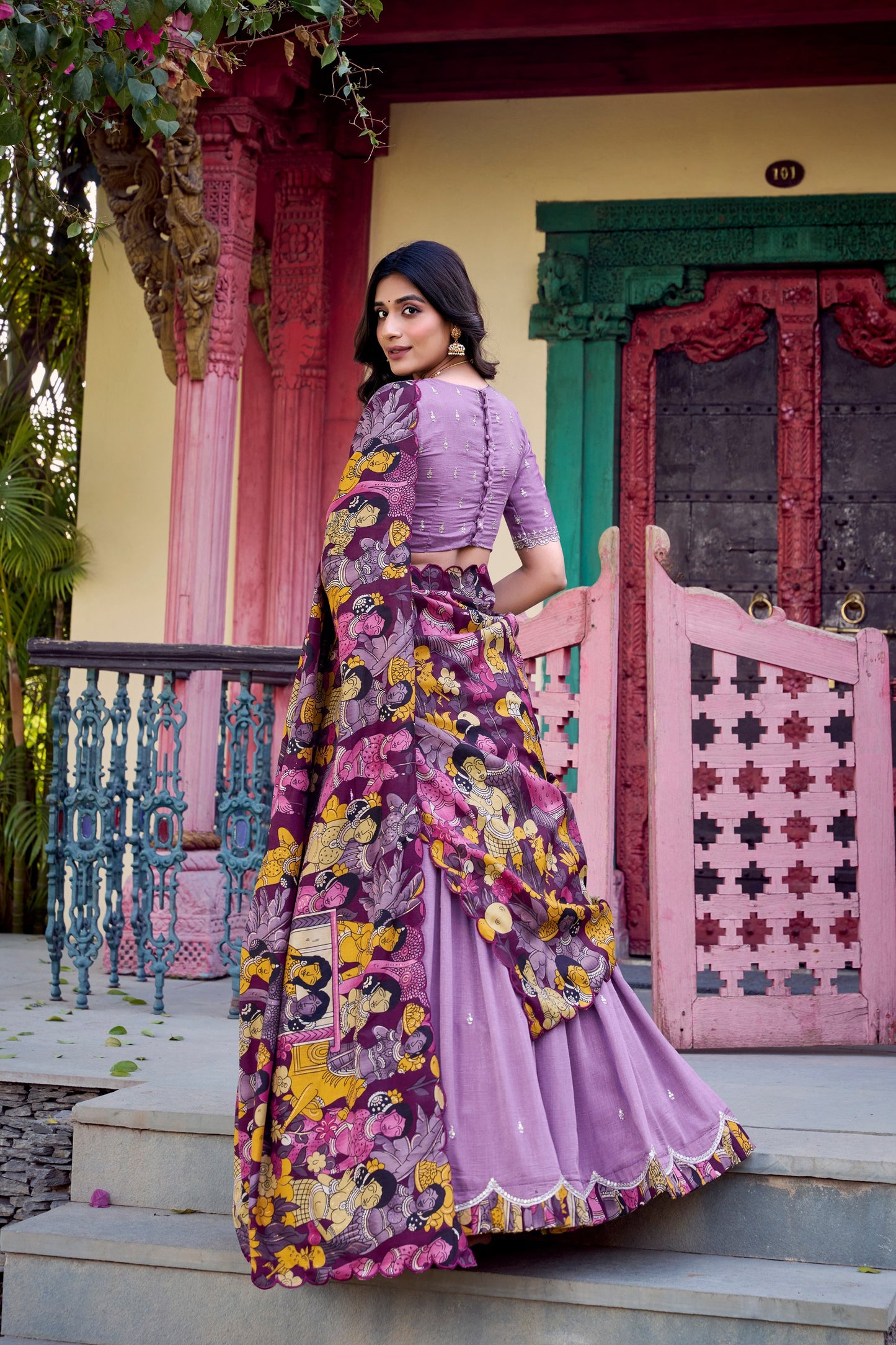 Lavender Vichitra Silk Lehenga Set with Kalamkari Print Border & Tussar Silk Dupatta