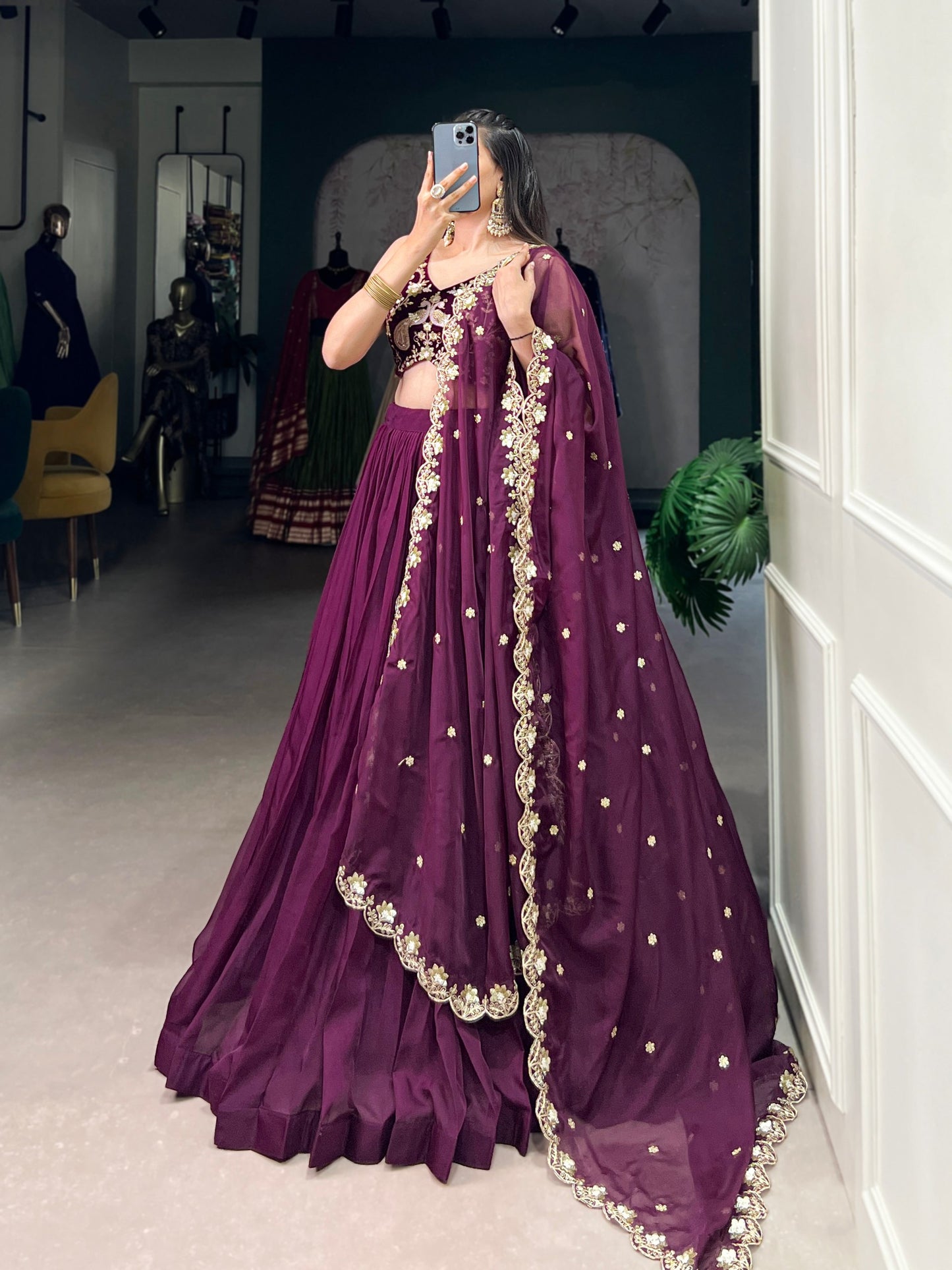 Elegant Purple Organza Lehenga with Embroidered Velvet Blouse and Dupatta