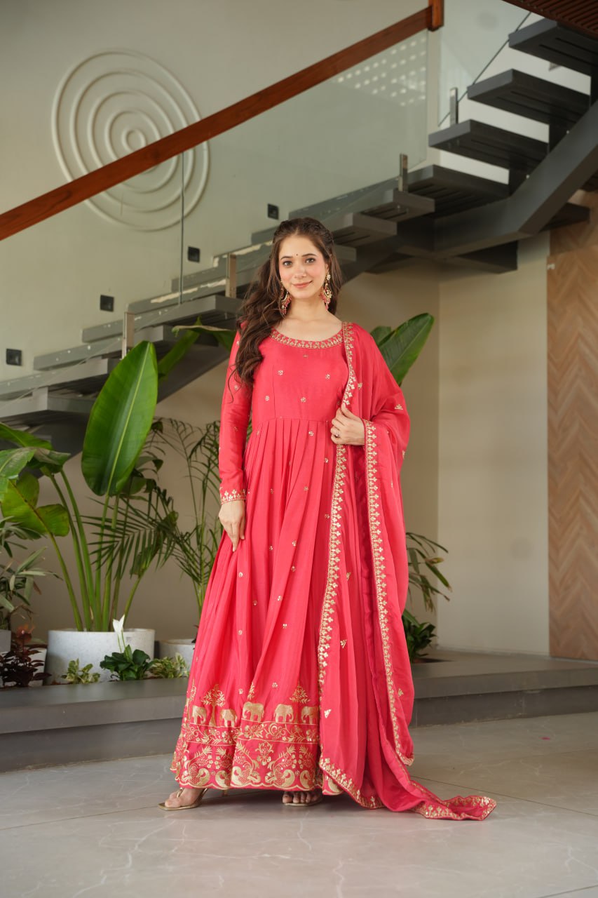 Pink Chinnon Embroidered Gown with Sequins Dupatta
