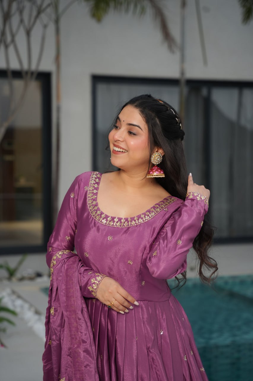 Lavender Chinnon Embroidered Gown with Sequins Dupatta
