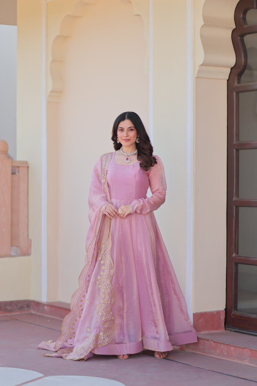 Lavender Fendy Chiffon 12-Kali Anarkali Gown with Embroidered Cut-Work Dupatta