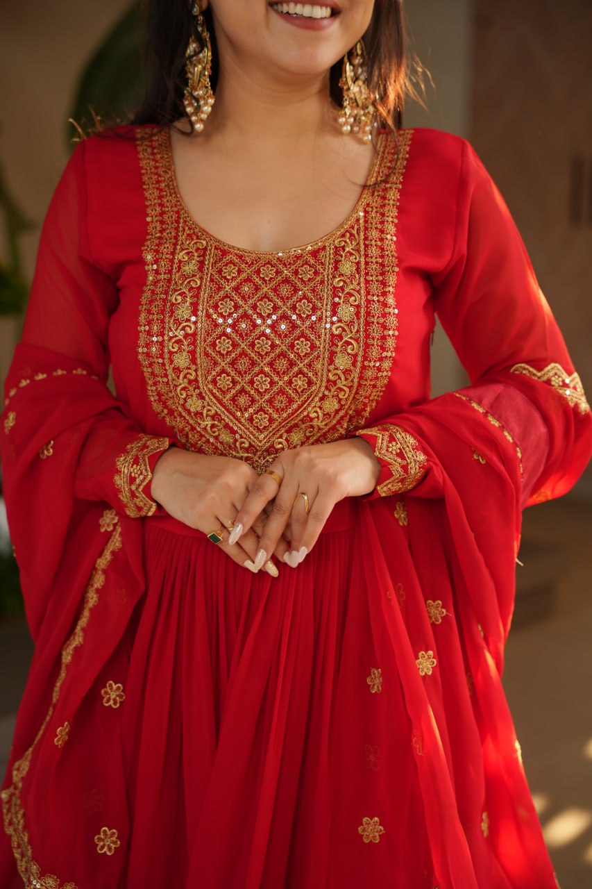 Red Fendy Chiffon 12-Kali Anarkali Gown with Embroidered Cut-Work Dupatta