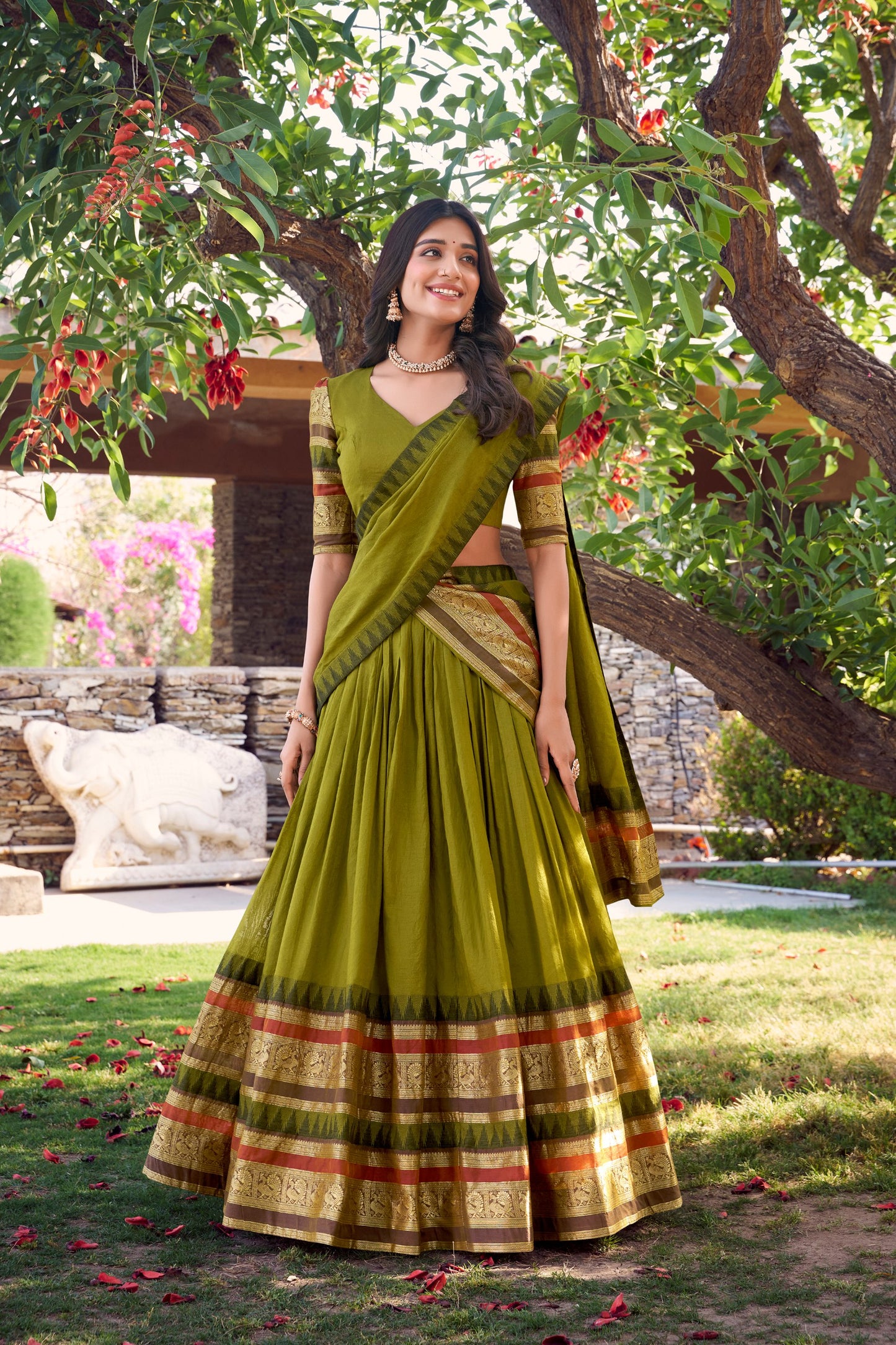 Pure Chanderi Mehendi Green Lehenga with Zari Weaving Work Border & Dupatta