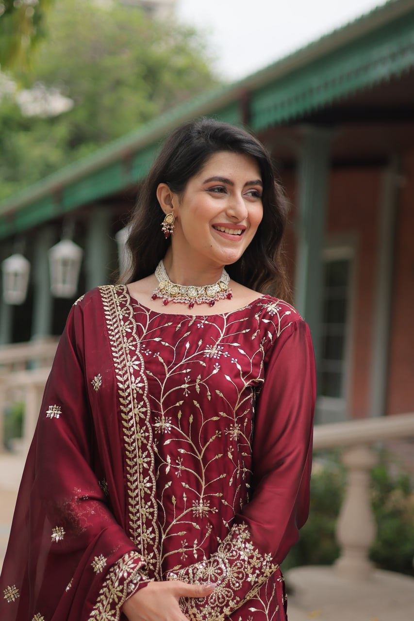 Premium Designer Readymade Maroon Kurti Plazoo Dupatta By Stylish Ethnic