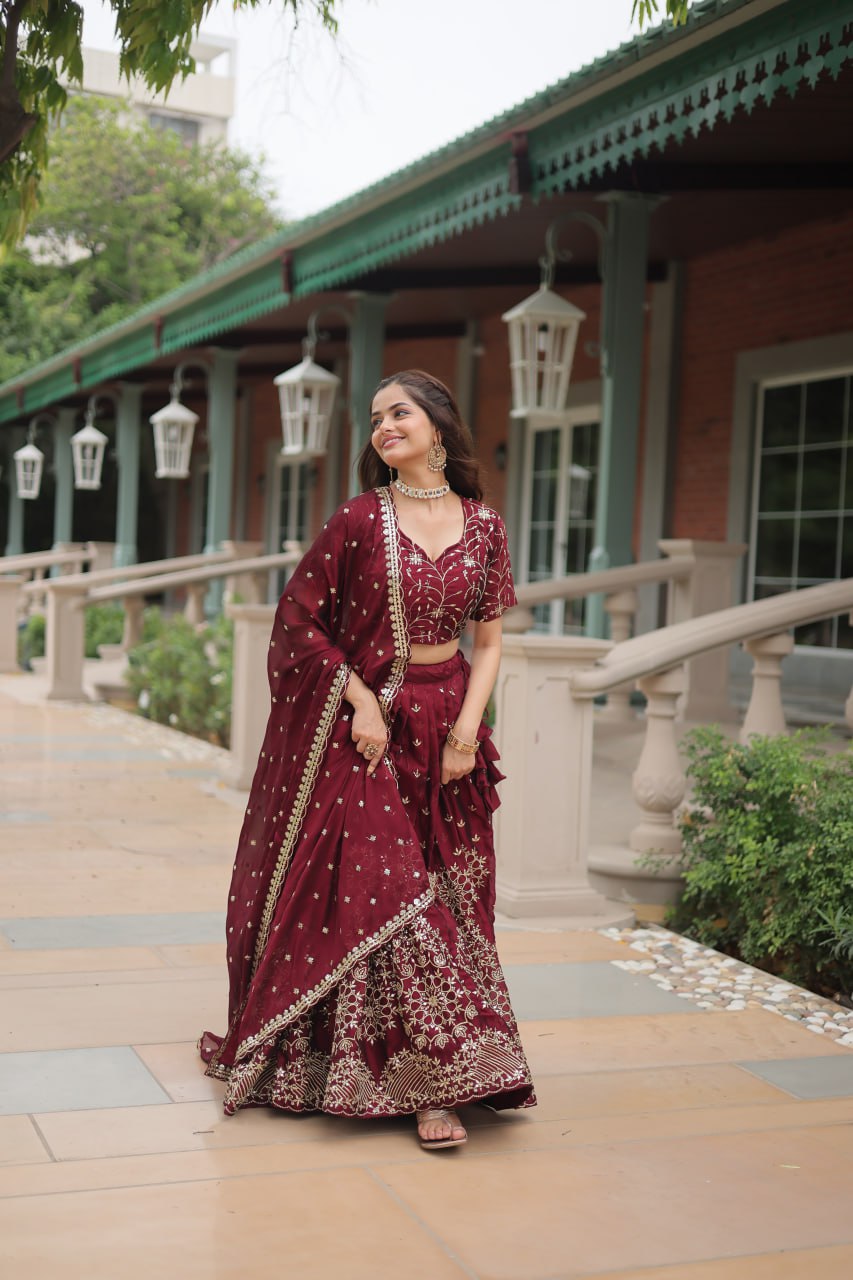 Incredible Maroon Embroidered Silk Wedding Lehenga Choli With Dupatta By Stylish Ethnic