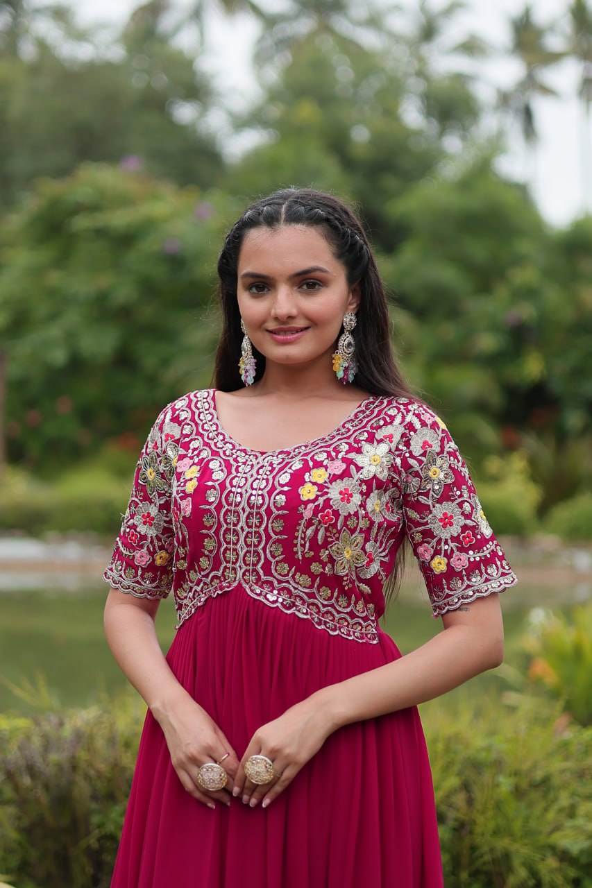 Maroon Zari Sequin Embroidered Faux Blooming Gown By Stylish Ethnic