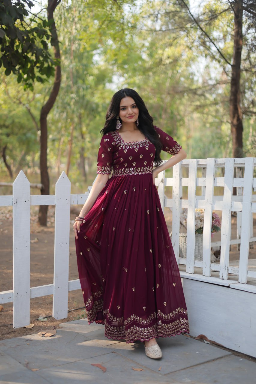 Luxury Zari Thread Sequins Embroidery Work Gown By Stylish Ethnic