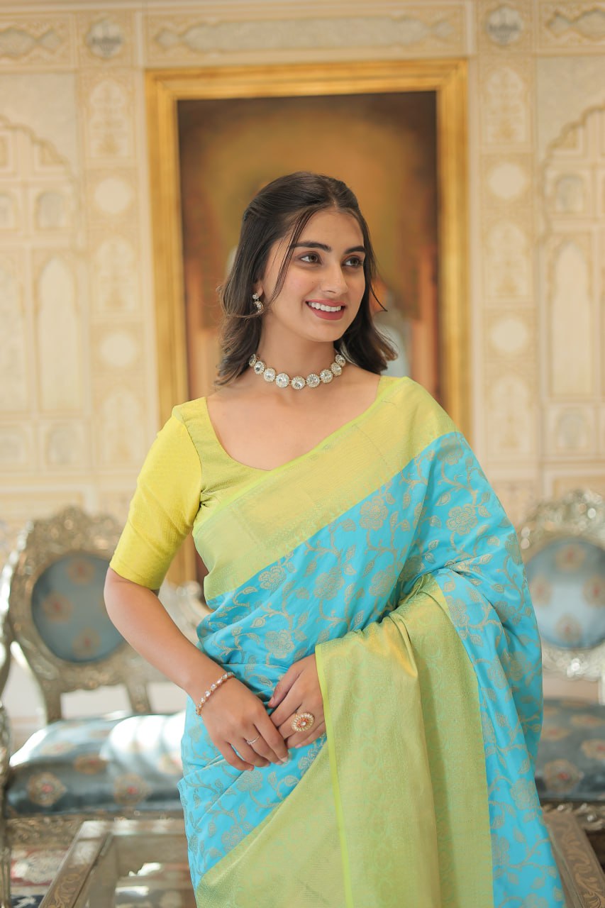 Sky Blue Color Kanjivaram Soft Silk Saree By Stylish Ethnic
