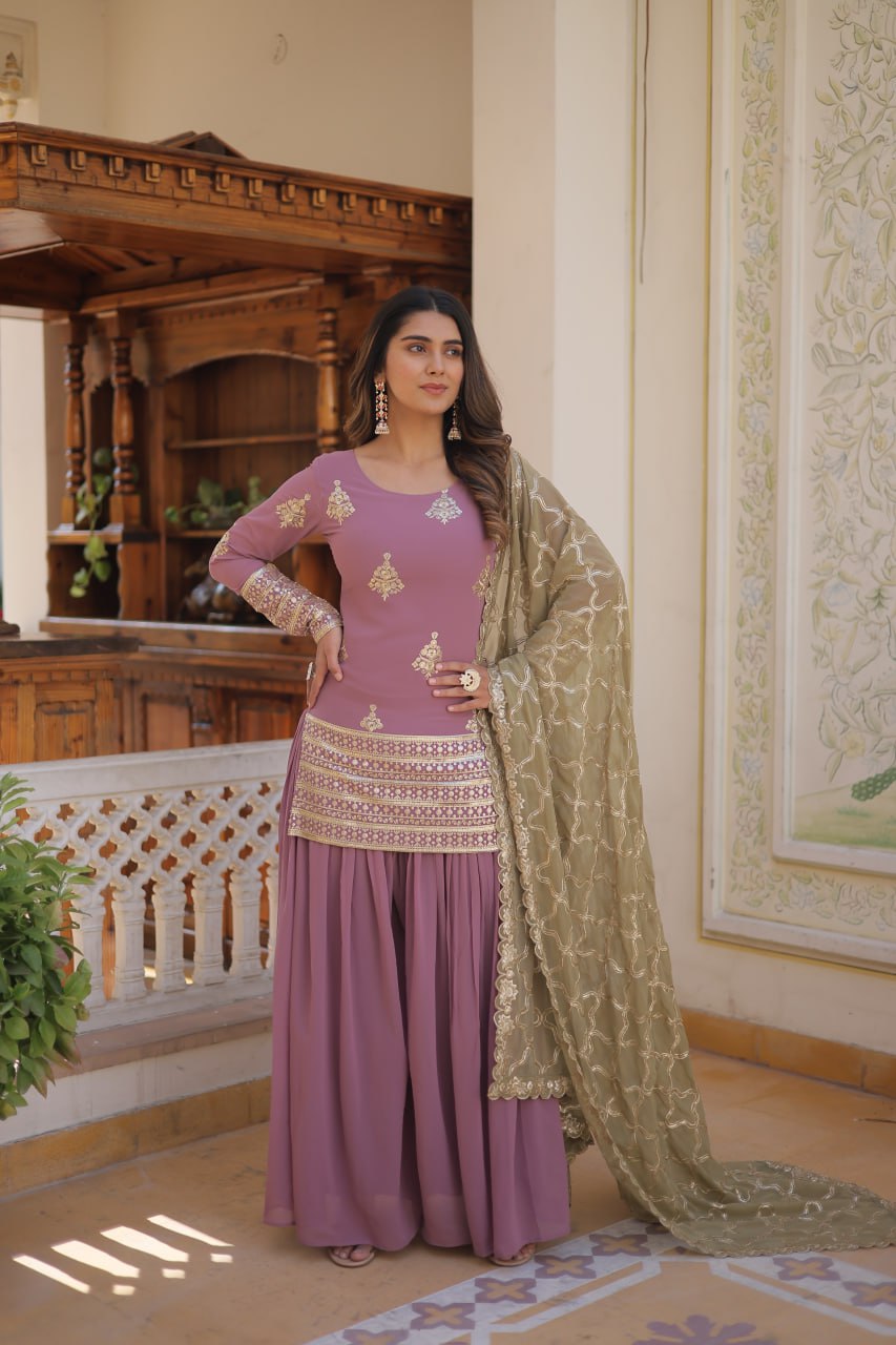 Cascade Lavender Stunning Faux Georgette Kurti-Palazzo-Dupatta Set with Sequin & Thread Embroidery