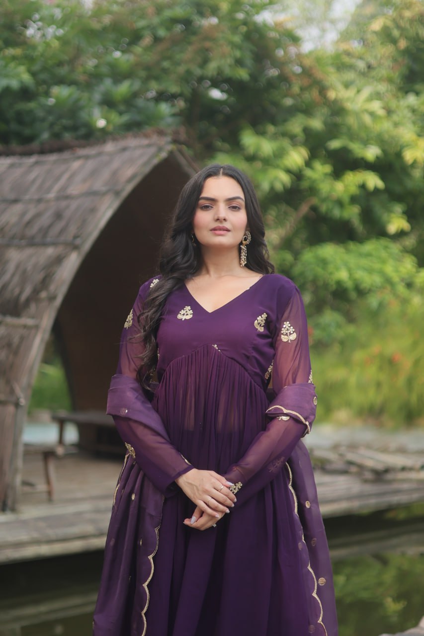 Wine Nayra Cut Anarkali Suit with Embroidery Work