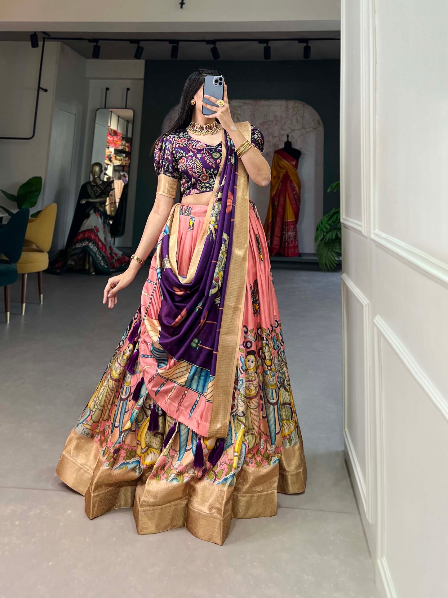 Amazing Peach Kalamkari Printed Dola Silk Festival Wear Lehenga Choli