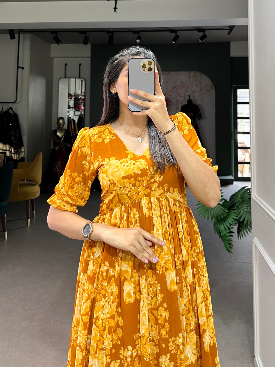 Yellow Floral Print Midi Dress with Puff Sleeves