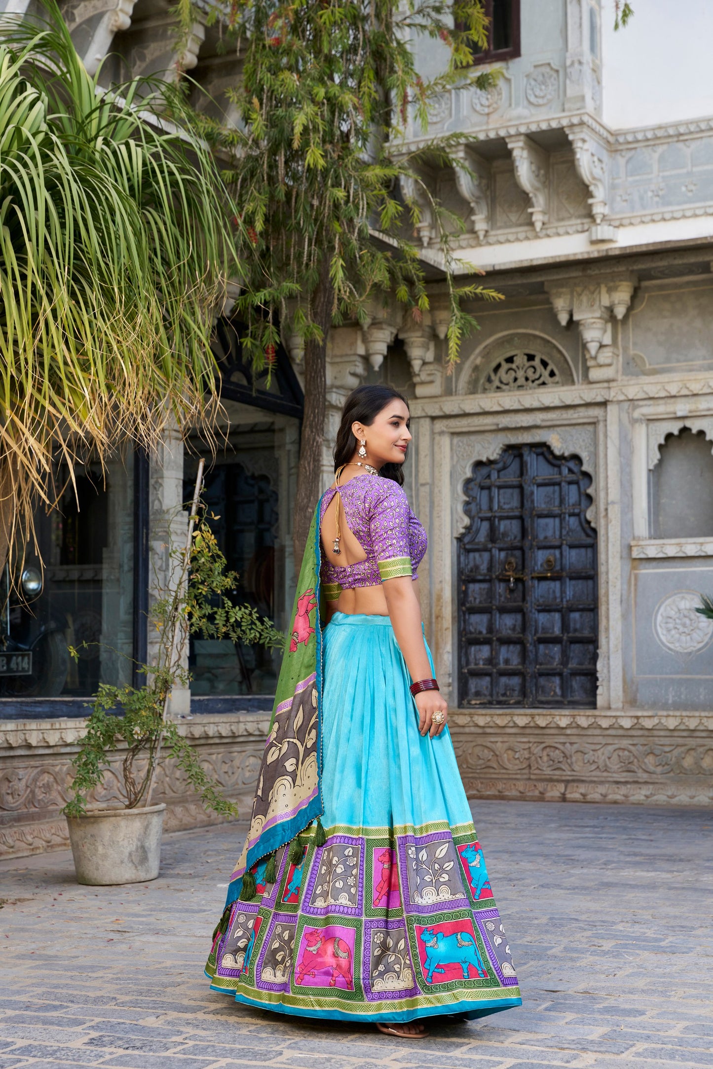 Sky Blue Color Tussar Silk Kalamkari Printed Lehenga Choli