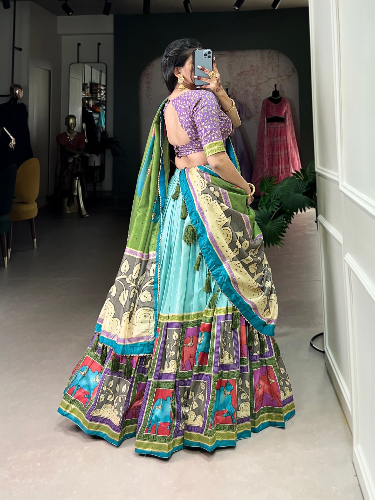 Sky Blue Color Tussar Silk Kalamkari Printed Lehenga Choli