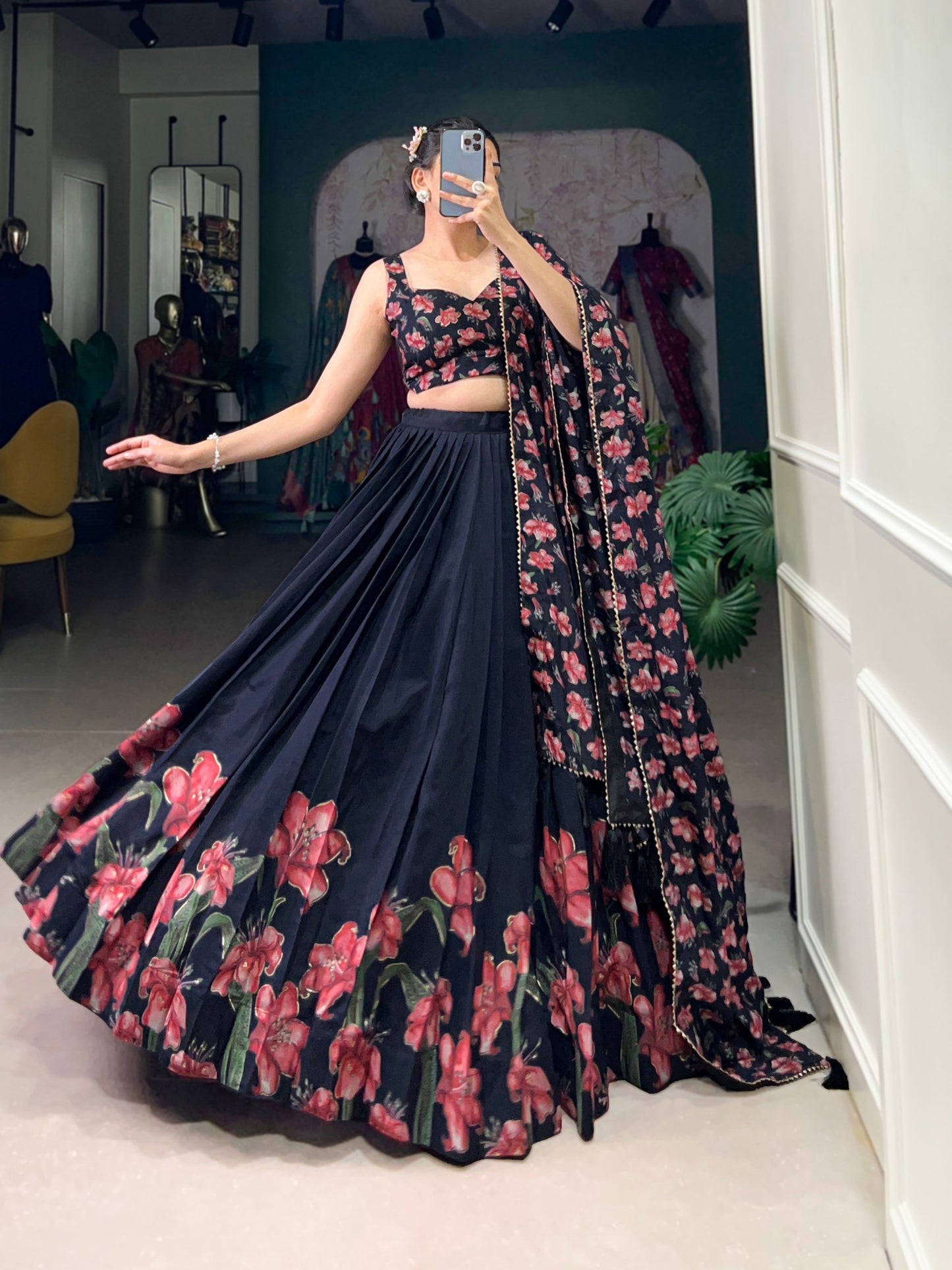 Floral Print Lehenga Choli in Navy Blue Tussar Silk With Foil Work and Dupatta
