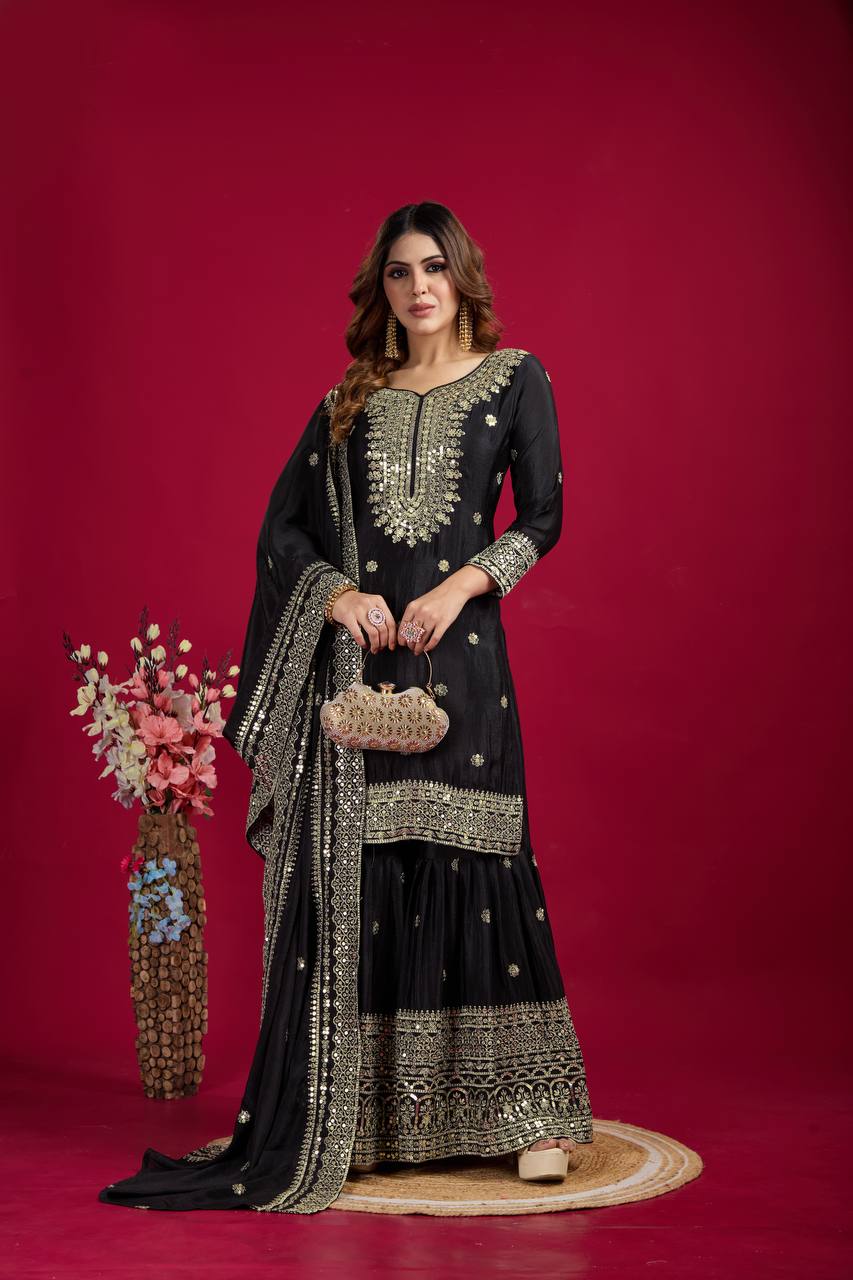 Black Chinnon Silk With Heavy Embroidery Sequence Work Top-Plazo And Dupatta Set