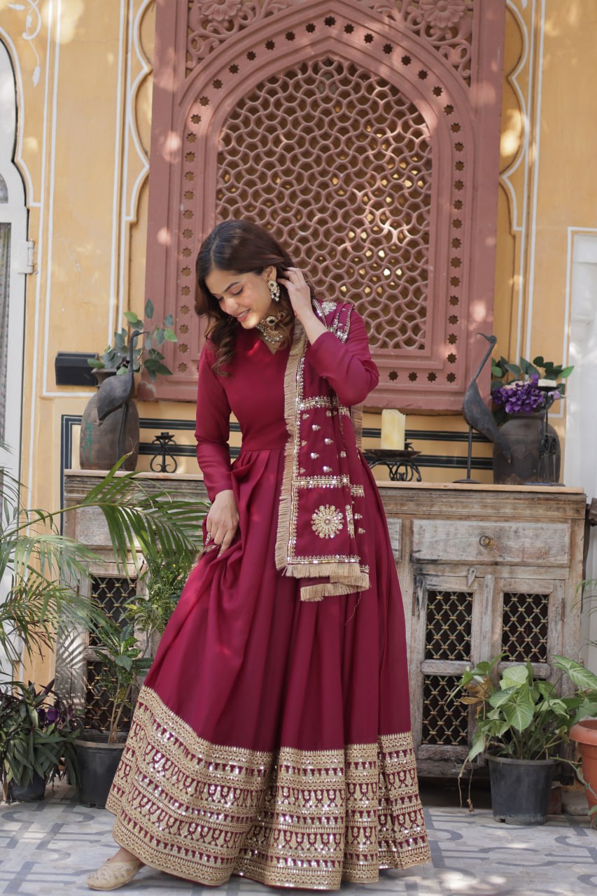 Faux Georgette Embroidered Maroon Anarkali Gown For Women