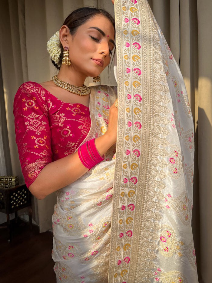 White Floral Woven Banarasi Saree with Contrast Border