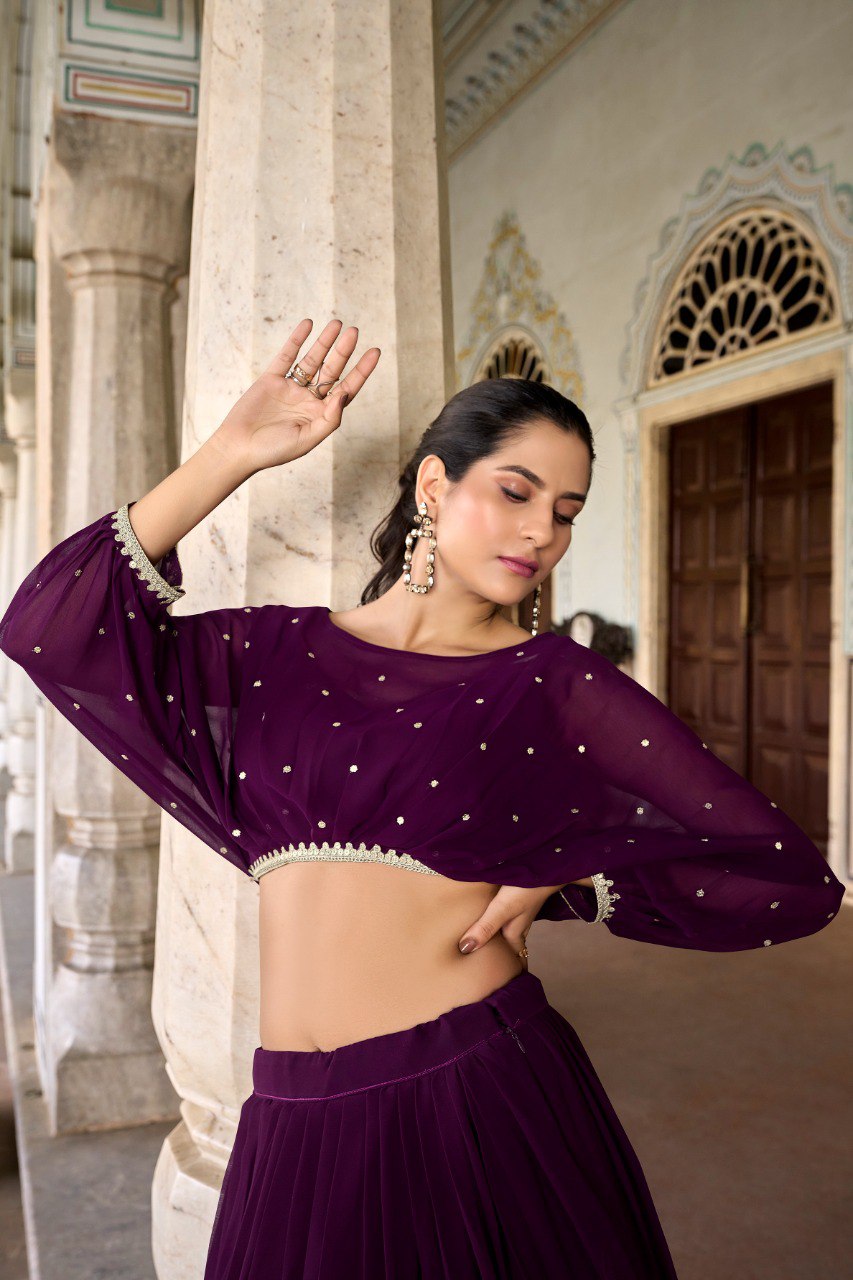 Beautiful Purple Embroidered Georgette Haldi Wear Crop Top Lehenga