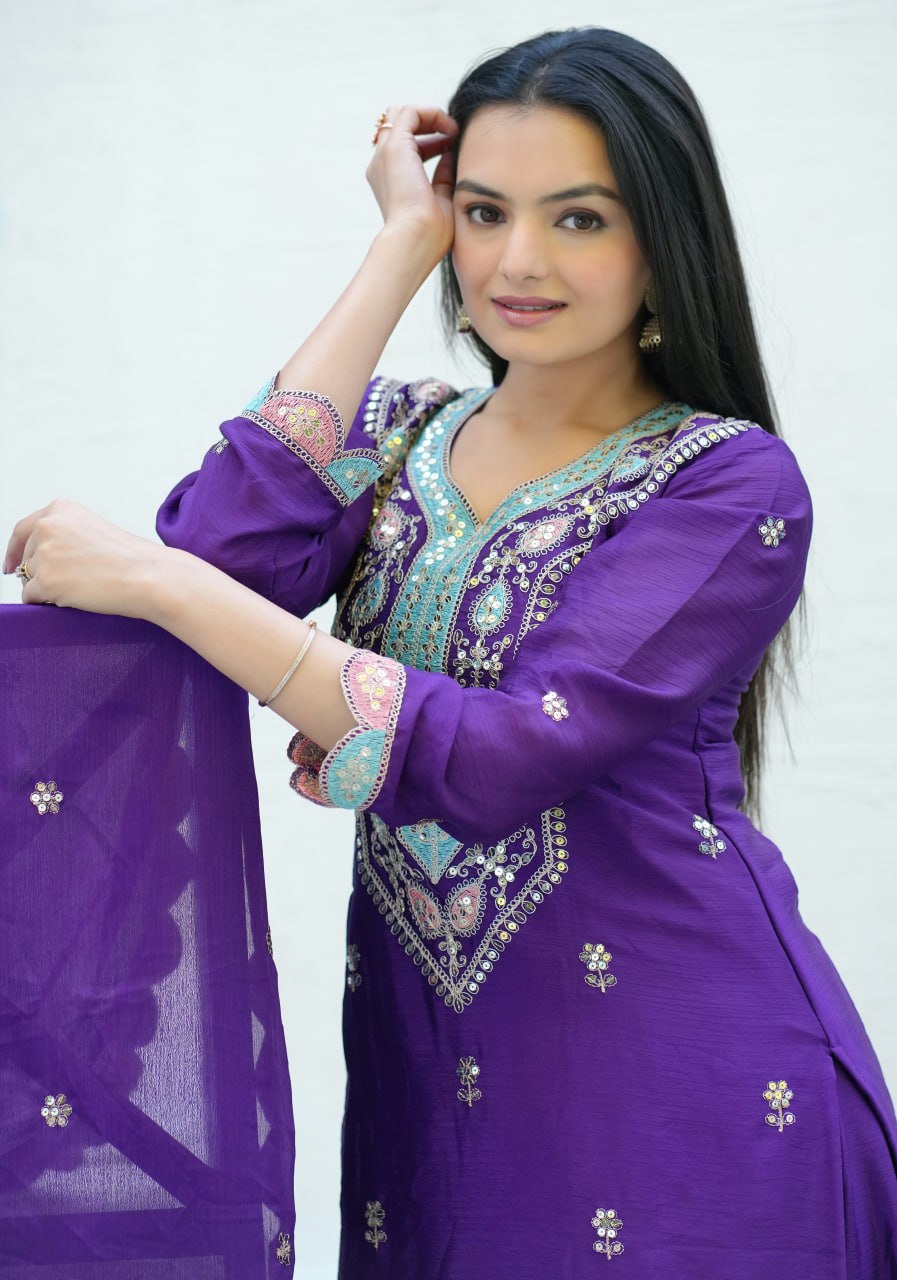 Purple Designer Embroidered Chinon Suit With Sequence Work