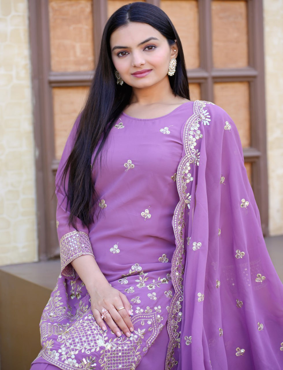 Lavender Sequence Embroidery Work Designer Sharara Suit