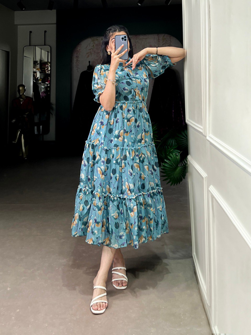Sky Blue Floral print Chiffon Frock Collection Designed for Effortless Grace
