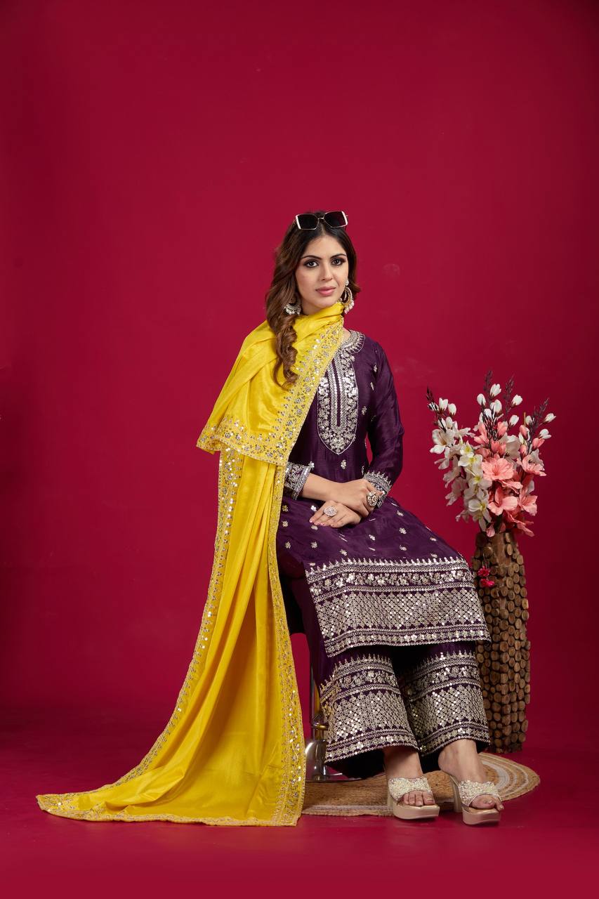 Wine-Yellow Chinnon Silk Embroidered Top-Bottom And Dupatta Set Fully Stitched Ready To Wear