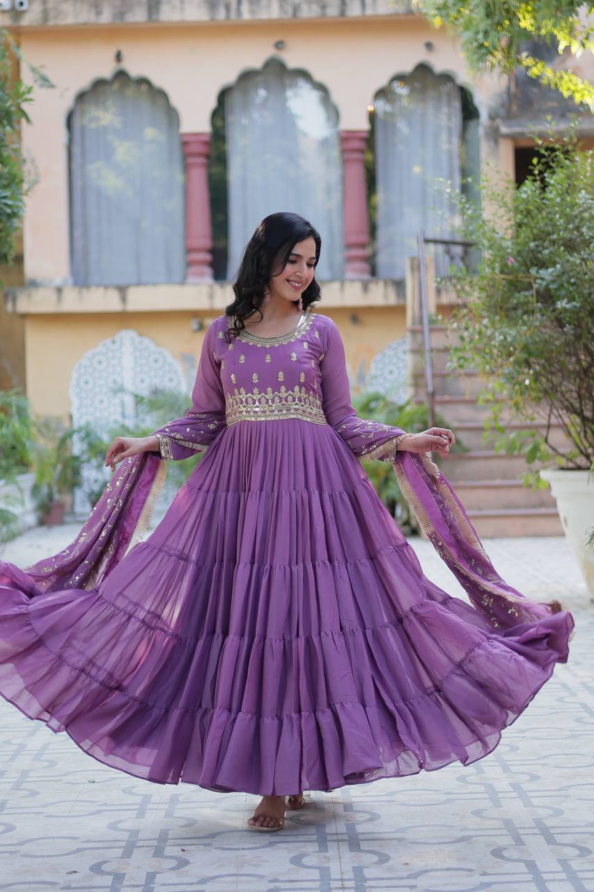 Purple Readymade Anarkali Suit In Ruffle Style