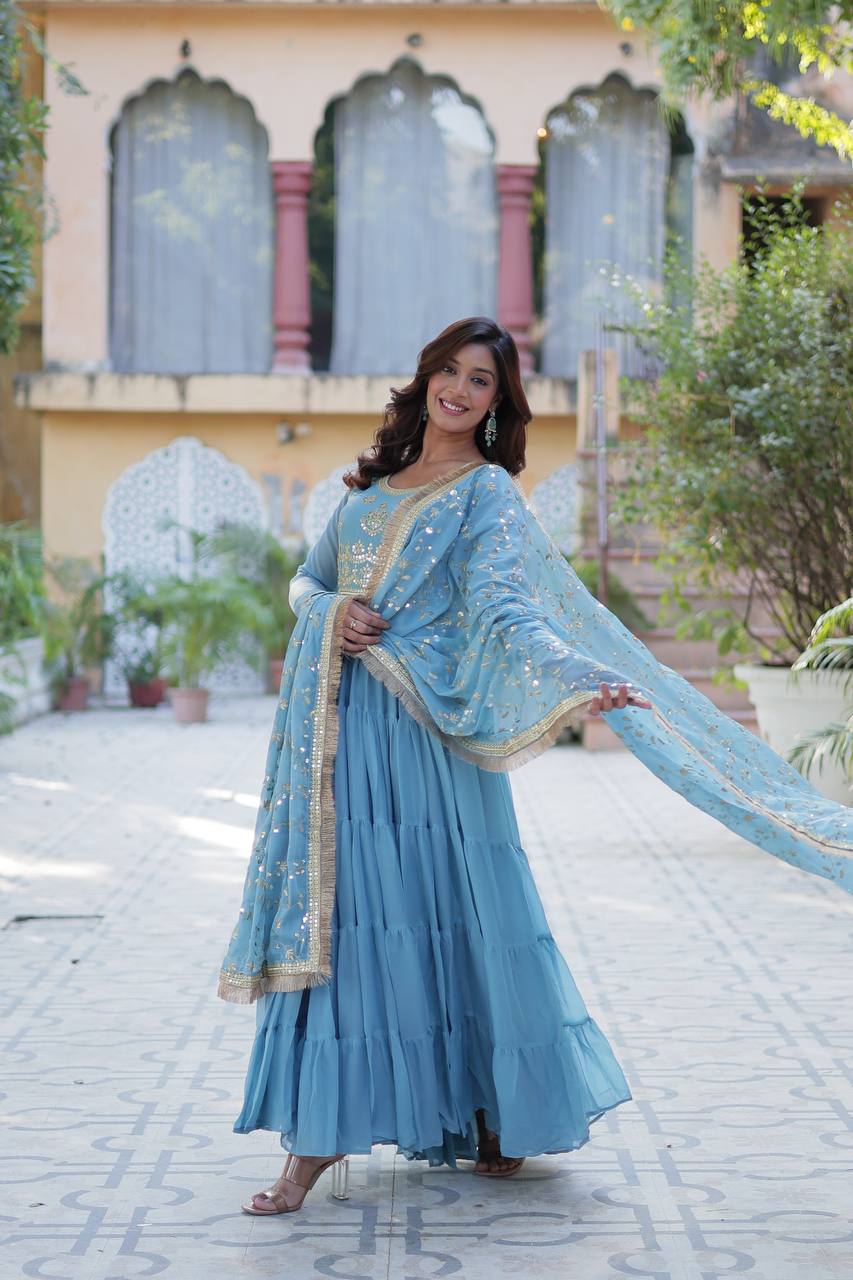 Sky Blue Georgette Readymade Suit With Dupatta