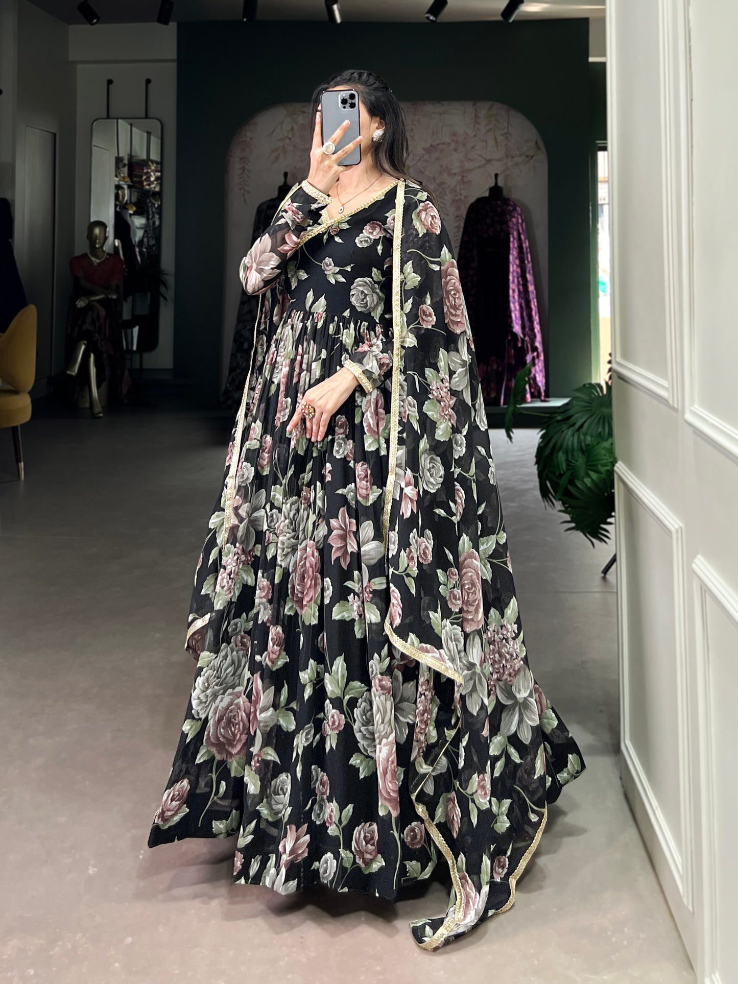 Black Sculpted Beauty Floral Print Marbel Gown with Lace Touch-Up Dupatta