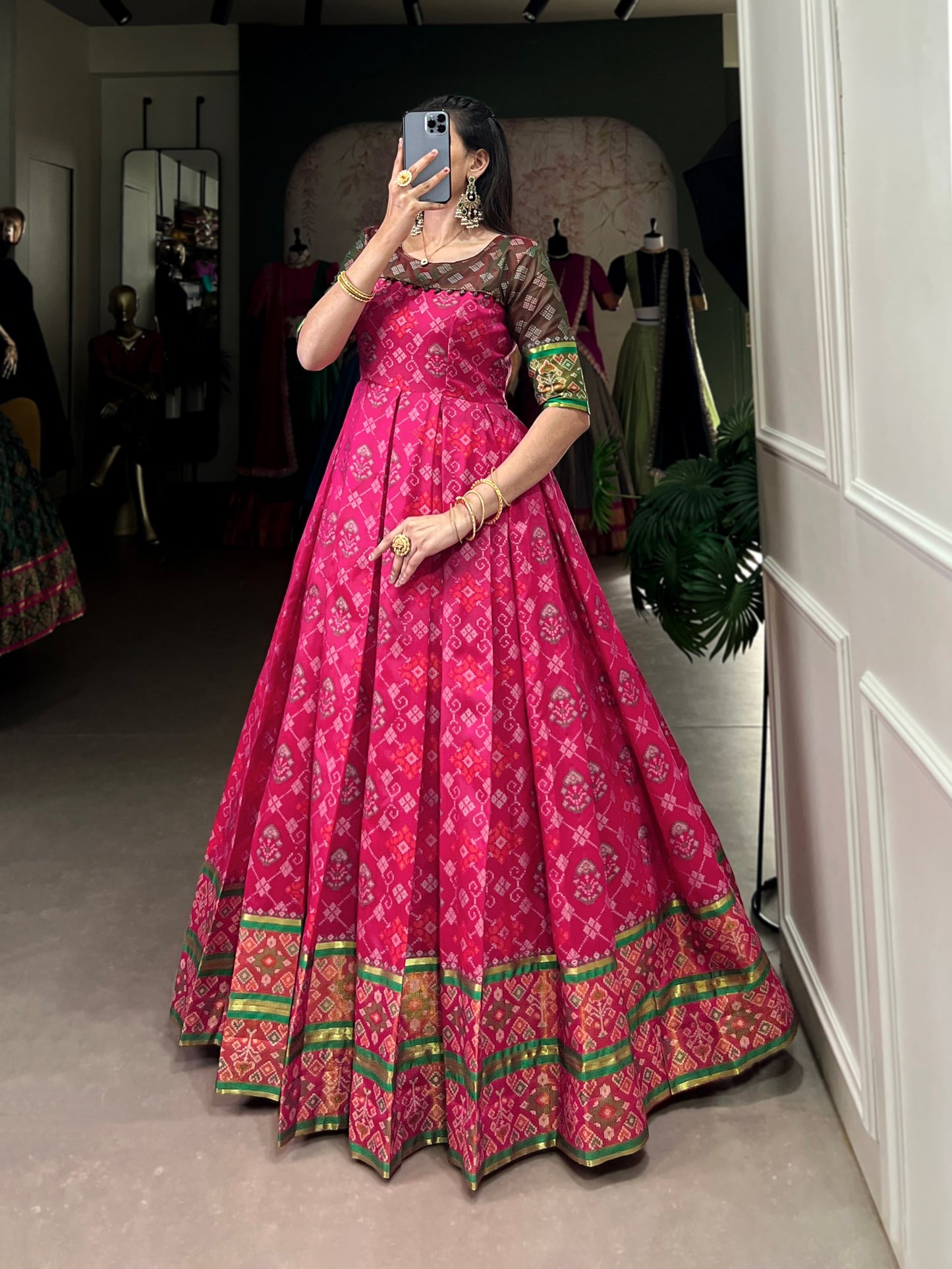 Pink Patola Printed Jacquard Silk Zari Weaving Work Kanjivaram Gown